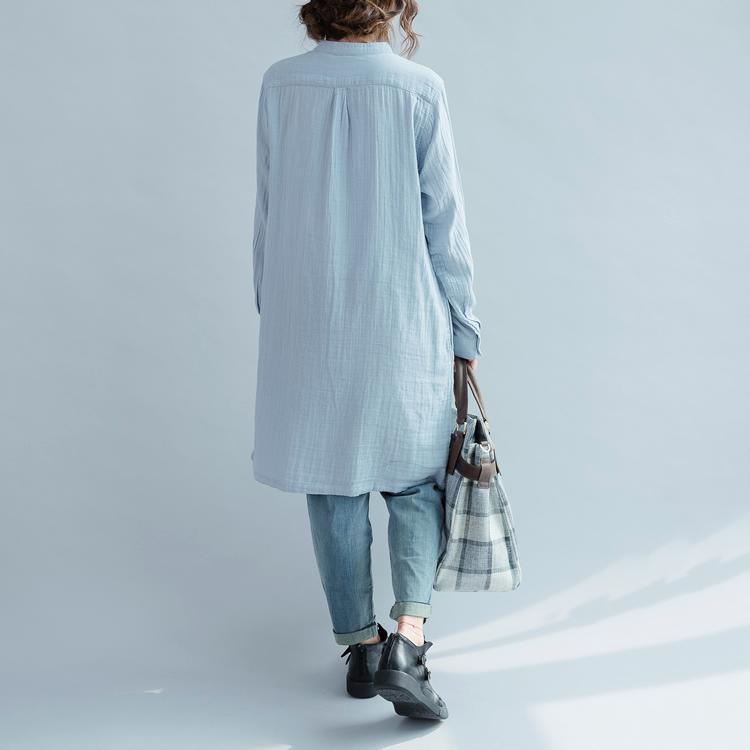 Vintage light blue cotton dresses oversize shift dress womens long sleeve cotton shirt - Omychic