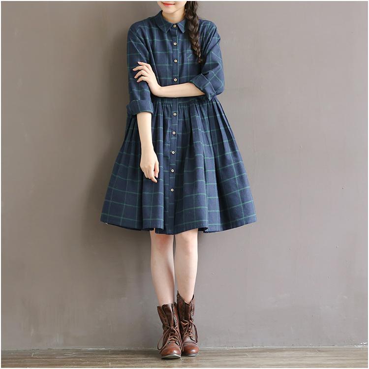 Vintage plaid blue cotton dress nutural cotton fit flare dress casual shirt half sleeve - Omychic