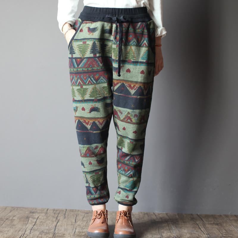 Vintage print women winter pants velour trousers capris - Omychic