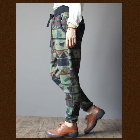 Vintage print women winter pants velour trousers capris - Omychic