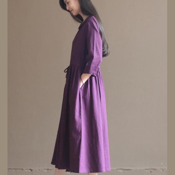Vintage purple linen dresses bracelet sleeve cotton maxi dress pleated dresses - Omychic