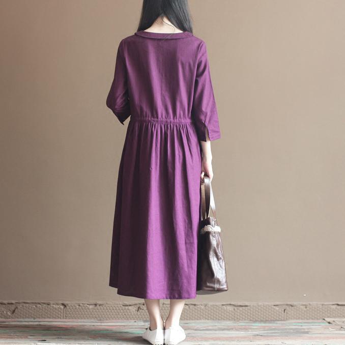 Vintage purple linen dresses bracelet sleeve cotton maxi dress pleated dresses - Omychic