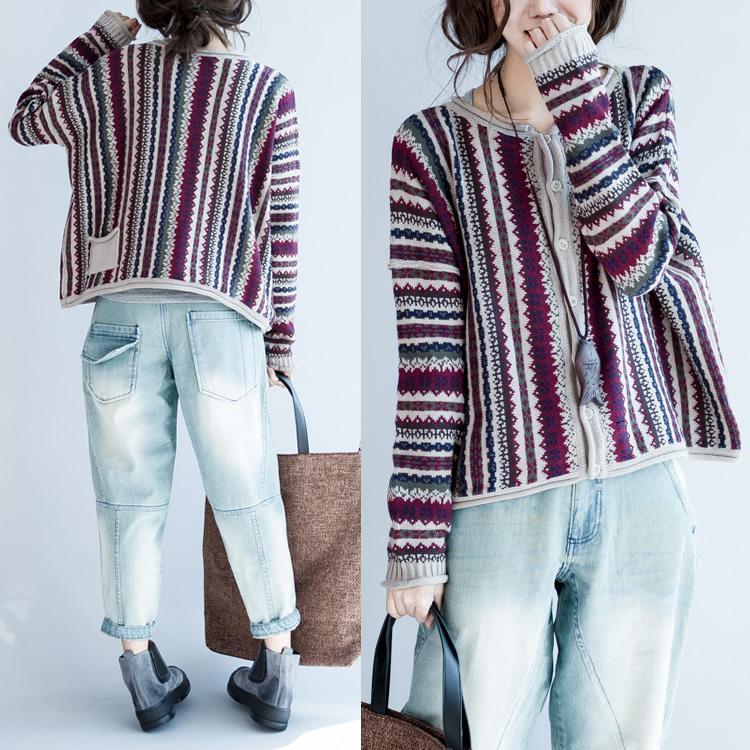 Vintage striped chunky print knit sweaters short knits womens winter woolen sweater - Omychic