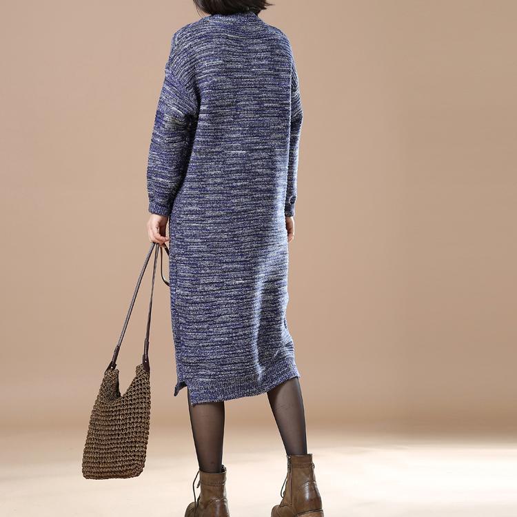 Vintage women blue sweaters long knit dress - Omychic