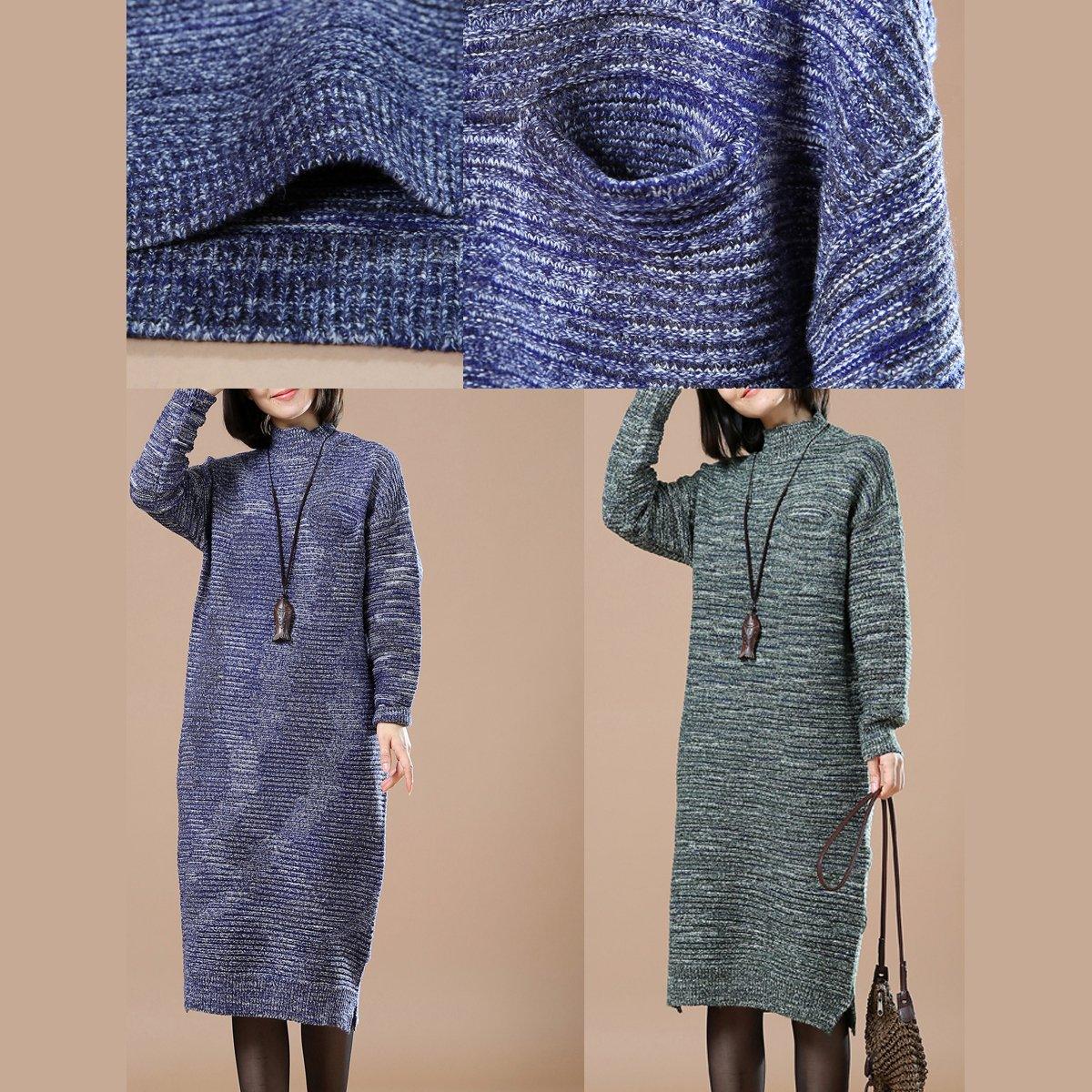 Vintage women blue sweaters long knit dress - Omychic