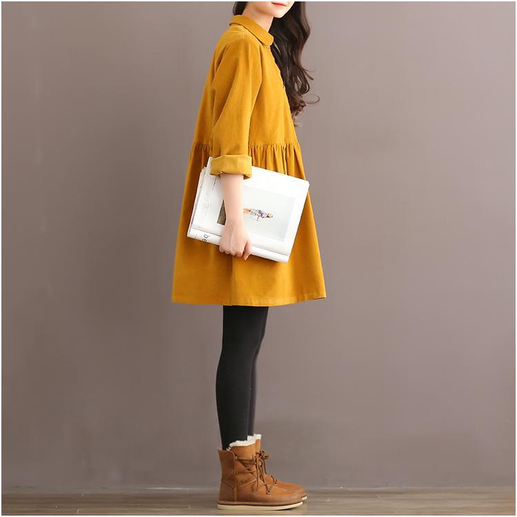 Vintage yellow corduroy shift dress oversize fit flare dresses shirt blouse - Omychic