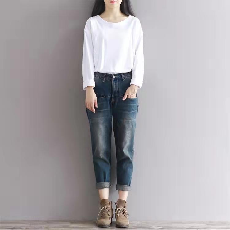 Vintage loose denim pants plus size crop jeans trousers - Omychic