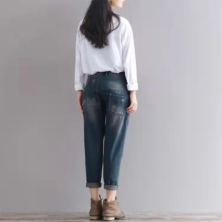 Vintage loose denim pants plus size crop jeans trousers - Omychic