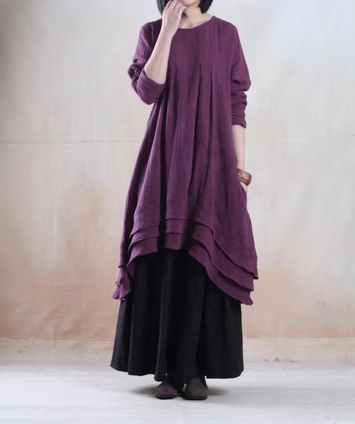 Violet purple long linen dress unique plus size maxi dress - Omychic