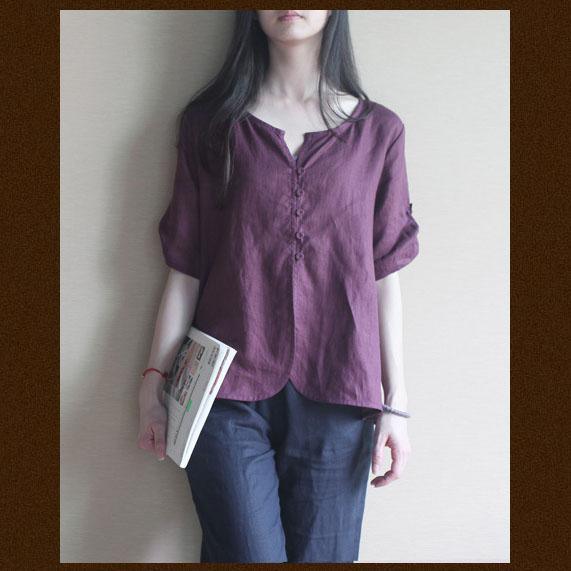Violet women linen blouse plus size shirt top - Omychic