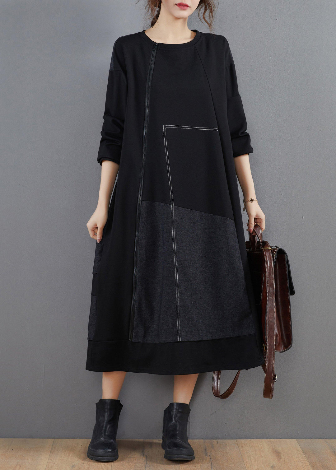 Vivid Black Clothes For Women O Neck Patchwork Long Spring Dresses - Omychic