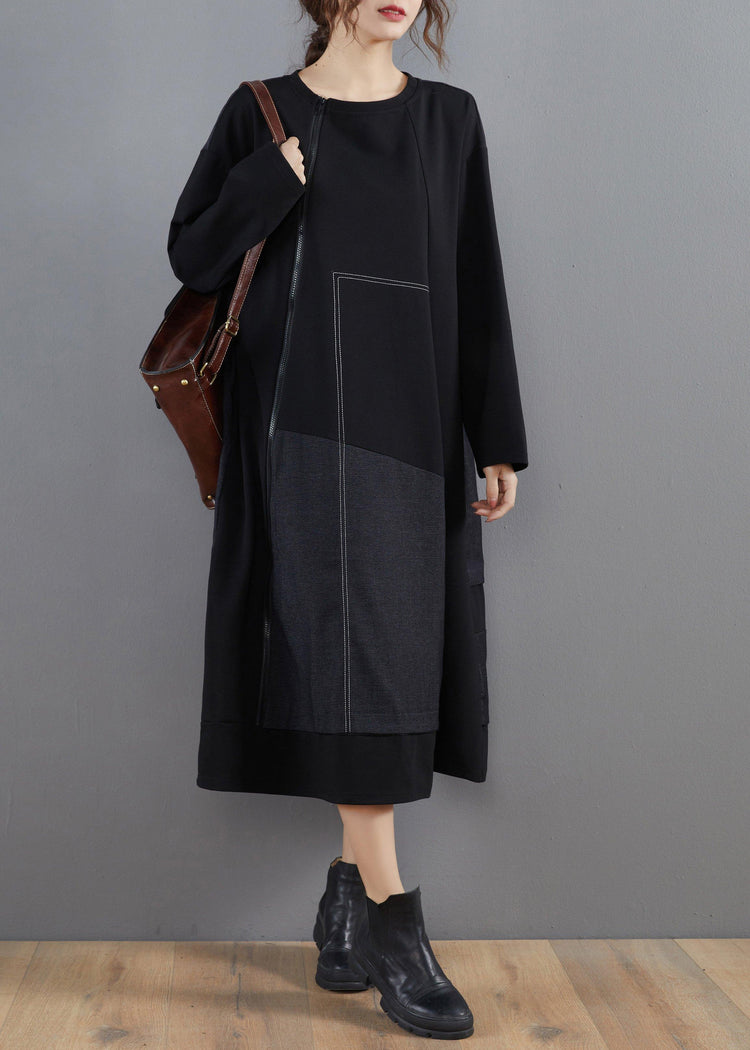 Vivid Black Clothes For Women O Neck Patchwork Long Spring Dresses - Omychic