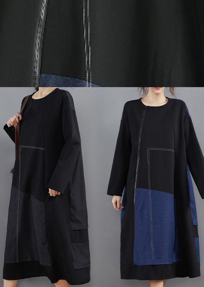 Vivid Black Clothes For Women O Neck Patchwork Long Spring Dresses - Omychic