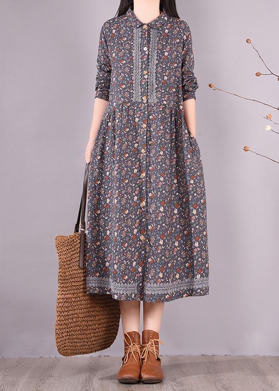 Vivid Blue Print Clothes Lapel Lace Robe Spring Dress - Omychic