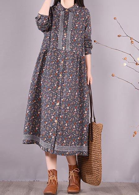 Vivid Blue Print Clothes Lapel Lace Robe Spring Dress - Omychic