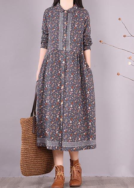 Vivid Blue Print Clothes Lapel Lace Robe Spring Dress - Omychic