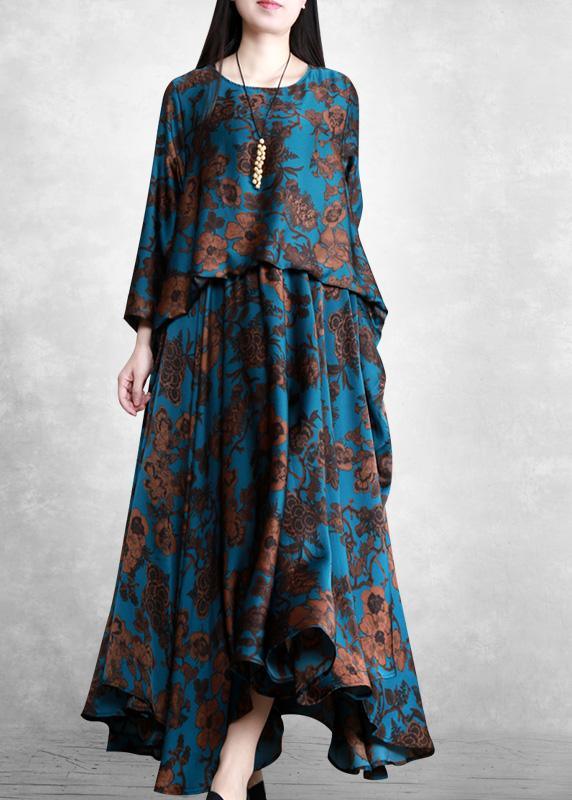 Vivid Blue Print Outfit O Neck Patchwork Maxi Spring Dresses - Omychic