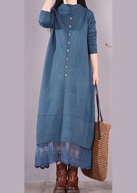 Vivid Blue Tunics O Neck Patchwork Lace Spring Dress - Omychic