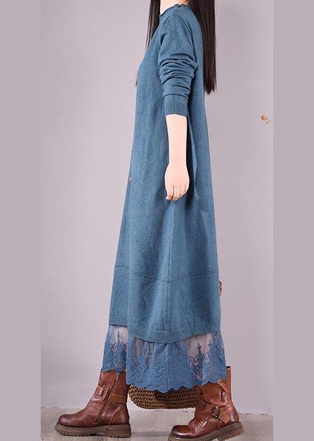 Vivid Blue Tunics O Neck Patchwork Lace Spring Dress - Omychic