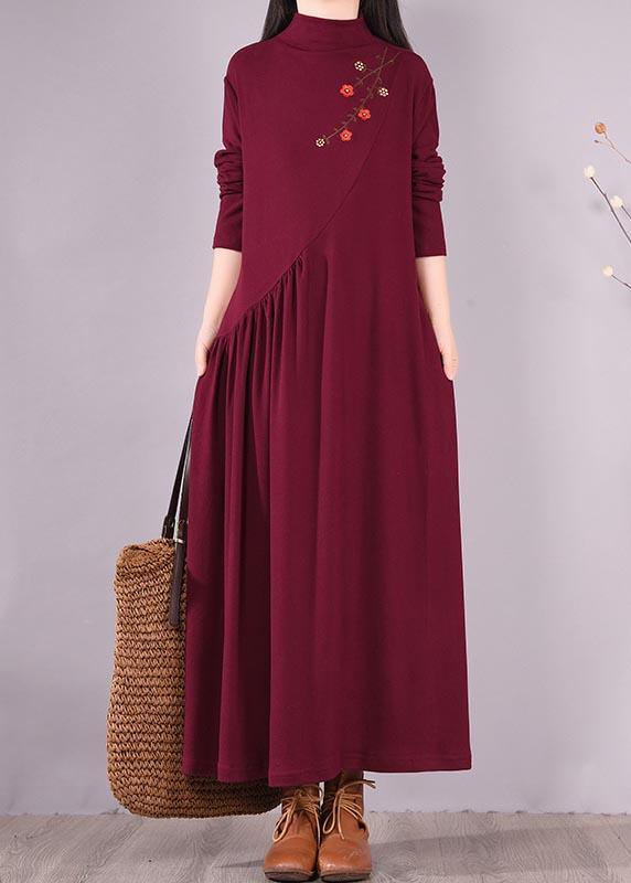 Vivid Burgundy Embroidery Tunic Pattern High Neck Cinched Spring Dress - Omychic