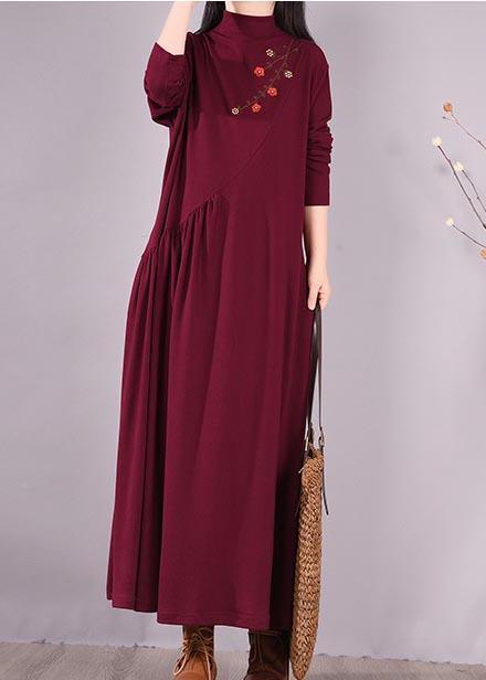 Vivid Burgundy Embroidery Tunic Pattern High Neck Cinched Spring Dress - Omychic
