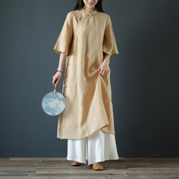 Vivid Chinese Button cotton linen outfit pattern nude Dress summer - Omychic