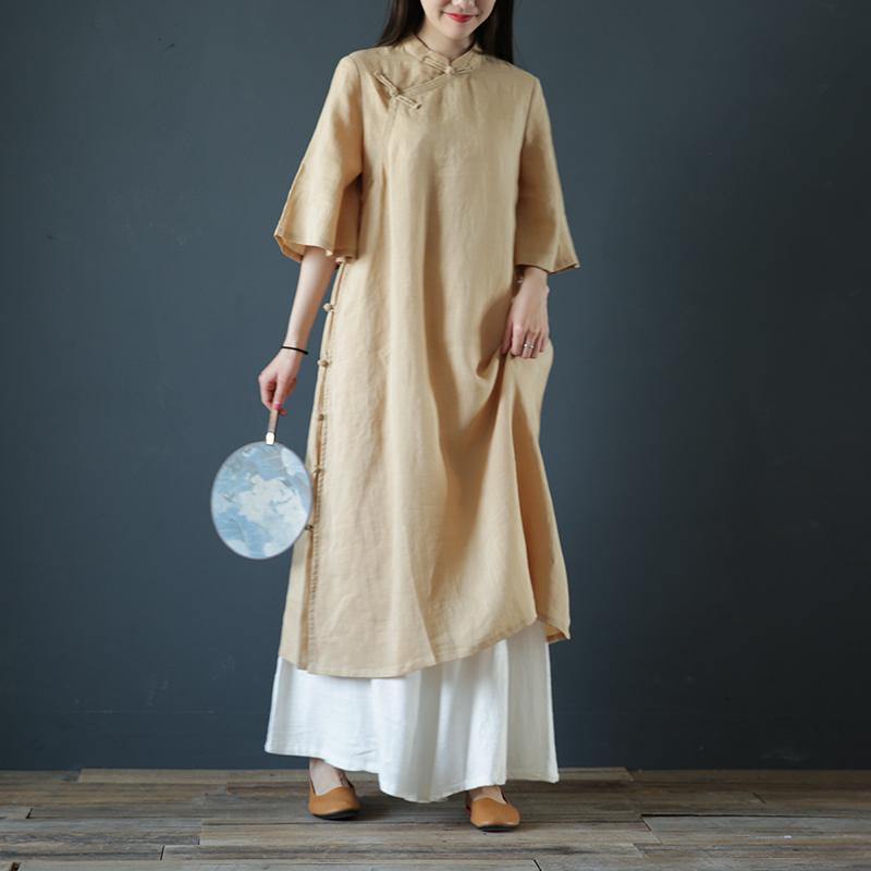 Vivid Chinese Button cotton linen outfit pattern nude Dress summer - Omychic