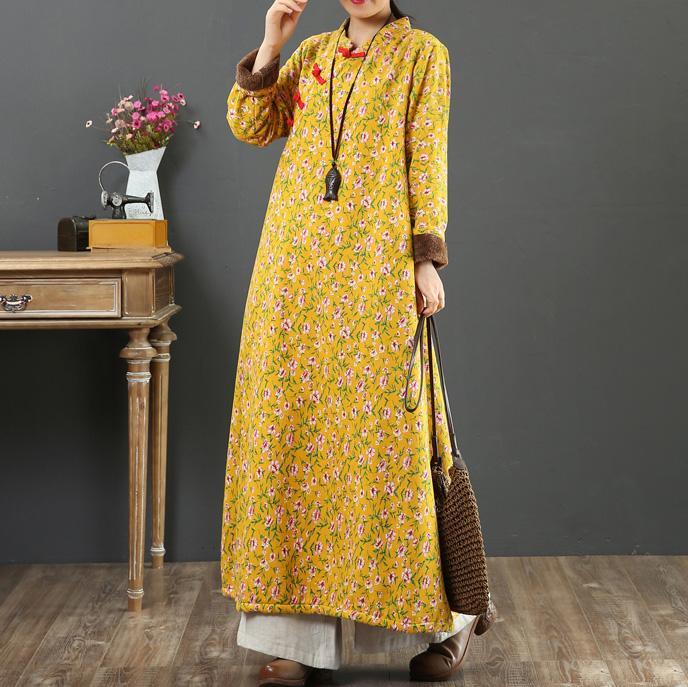 Vivid Chinese Button cotton stand collar Wardrobes Sleeve yellow prints Robe Dresses - Omychic