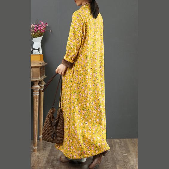 Vivid Chinese Button cotton stand collar Wardrobes Sleeve yellow prints Robe Dresses - Omychic