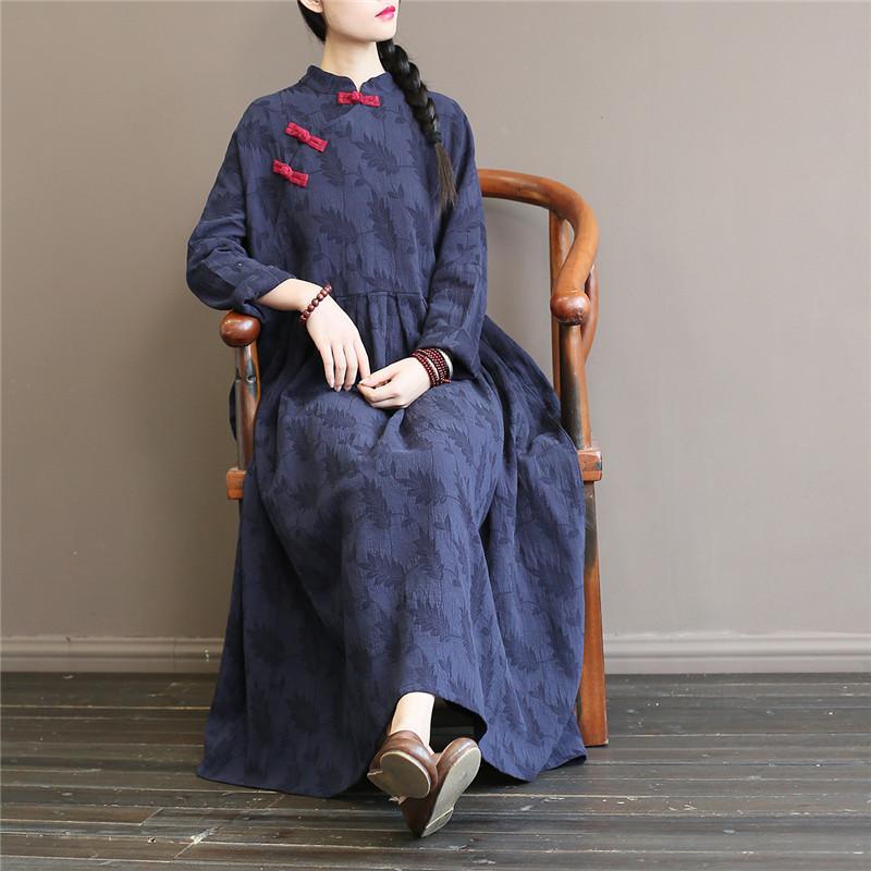 Vivid Chinese Button cotton stand collar clothes Women Catwalk blue Maxi Dresses - Omychic