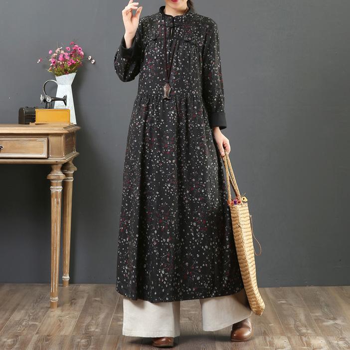 Vivid Chinese Button cotton stand collar clothes Women Photography black long Dresses - Omychic