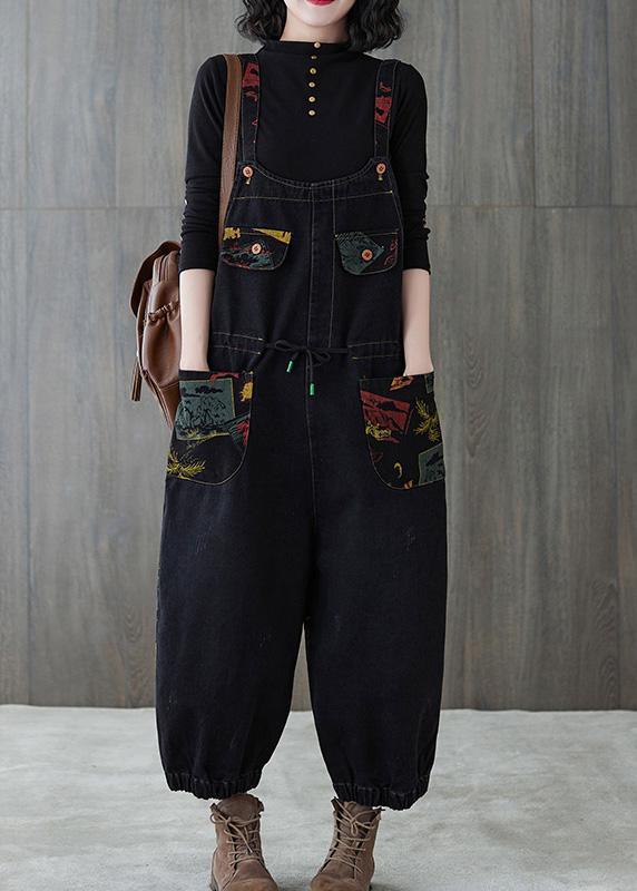 Vivid Denim Black Casual Pants Loose Spring Jumpsuit Pants - Omychic