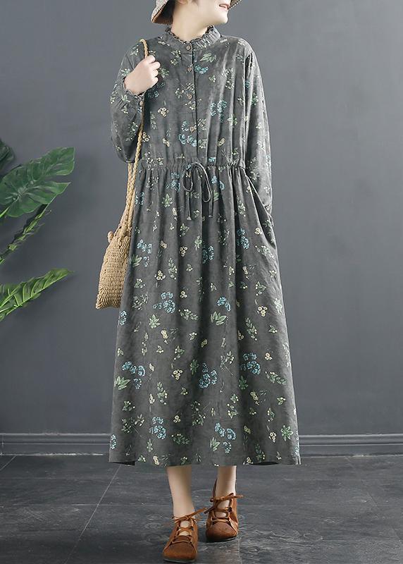 Vivid Drawstring Spring Long Design Gray Print Dresses - Omychic