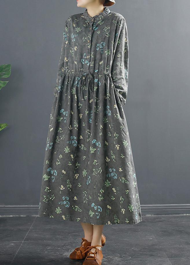 Vivid Drawstring Spring Long Design Gray Print Dresses - Omychic