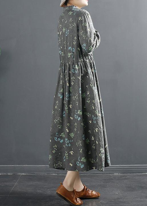 Vivid Drawstring Spring Long Design Gray Print Dresses - Omychic