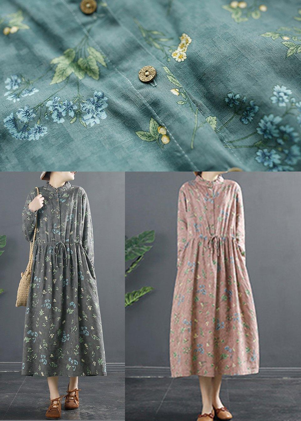 Vivid Drawstring Spring Long Design Gray Print Dresses - Omychic