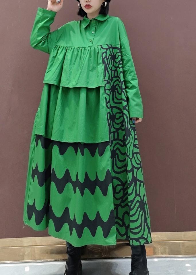 Vivid Lapel Asymmetric Spring Quilting Dresses Tunic Green Print Plus Size Dress - Omychic