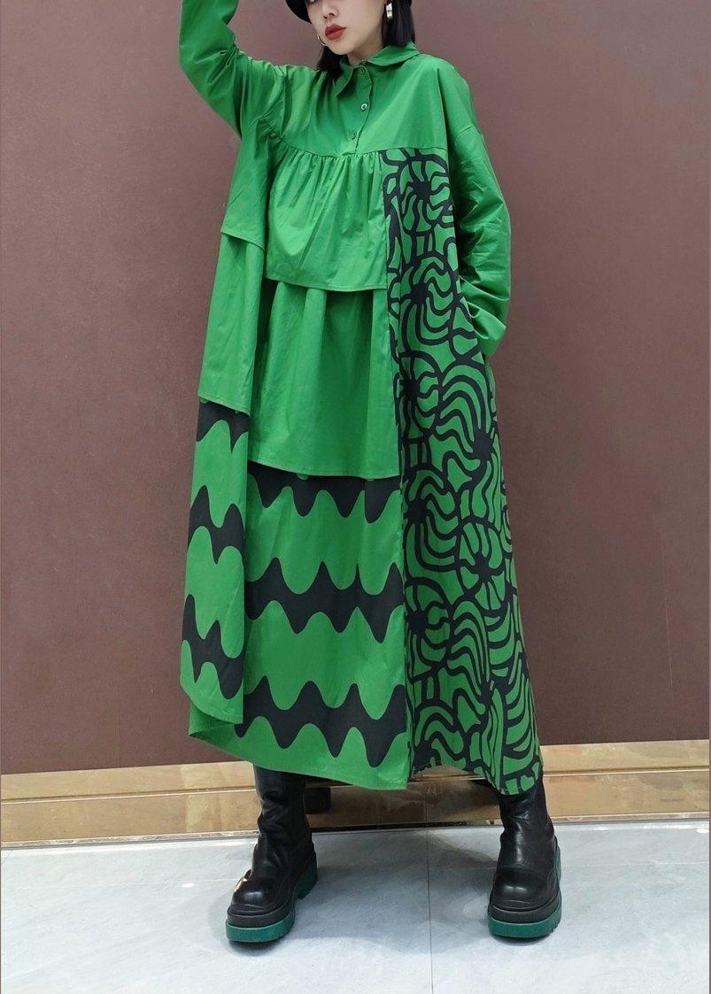 Vivid Lapel Asymmetric Spring Quilting Dresses Tunic Green Print Plus Size Dress - Omychic