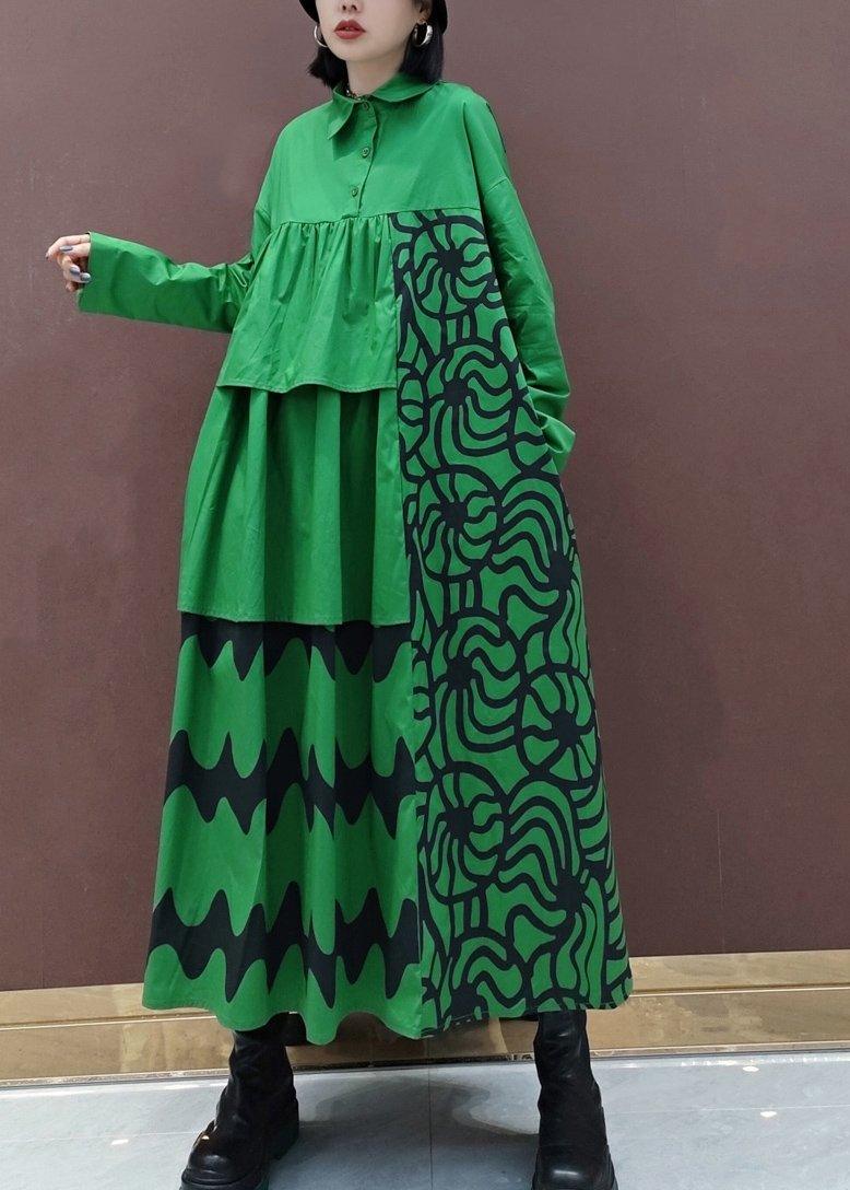 Vivid Lapel Asymmetric Spring Quilting Dresses Tunic Green Print Plus Size Dress - Omychic