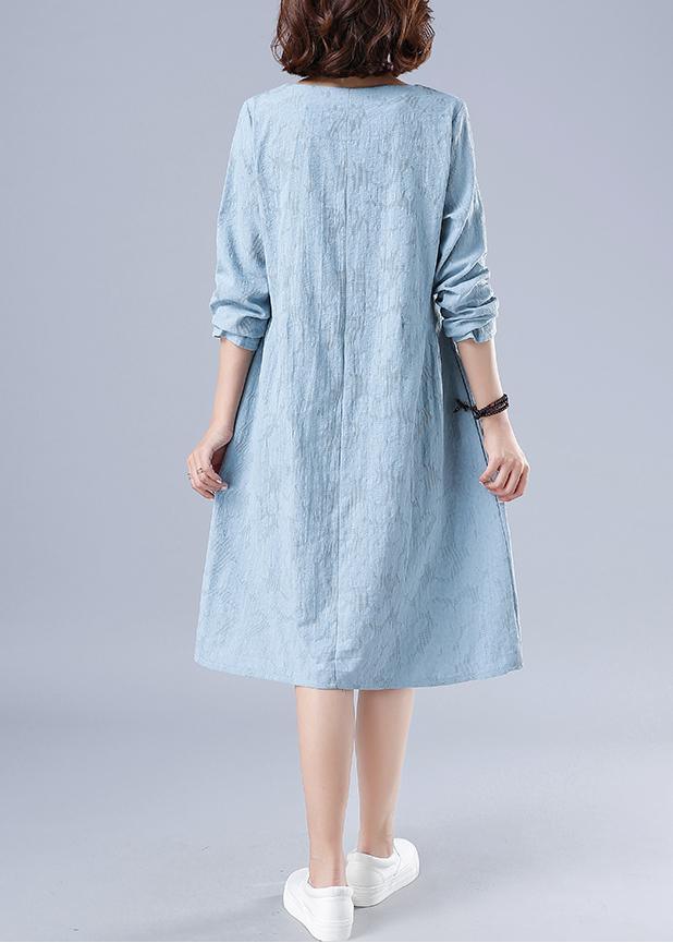 Vivid O Neck Spring Clothes For Women Wardrobes Light Blue Jacquard Dresses - Omychic