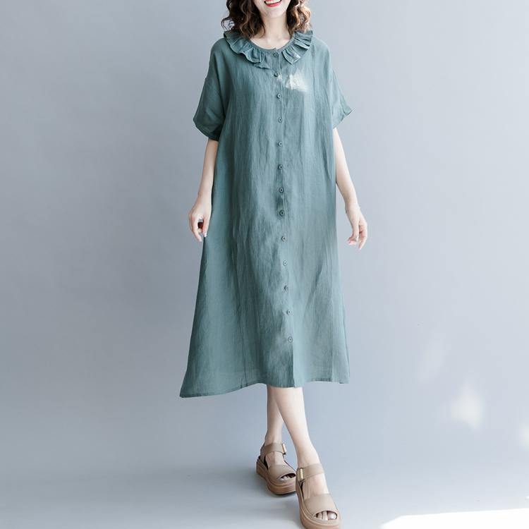 Vivid Peter pan Collar patchwork cotton linen quilting clothes Runway green Dresses summer - Omychic
