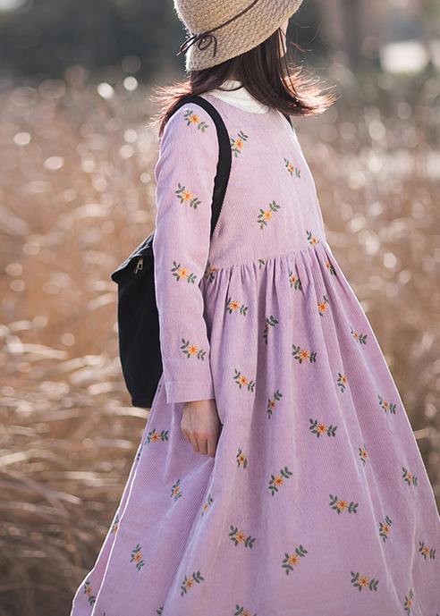 Vivid Pink Embroidery Dress O-Neck long Spring Dresses - Omychic