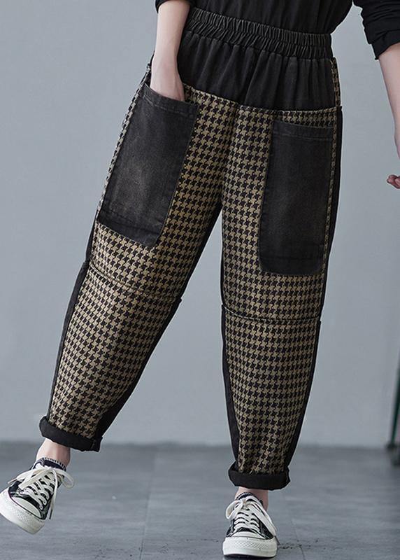 Vivid Plaid Trousers Plus Size Spring Patchwork Pockets Shape Wild Trousers - Omychic
