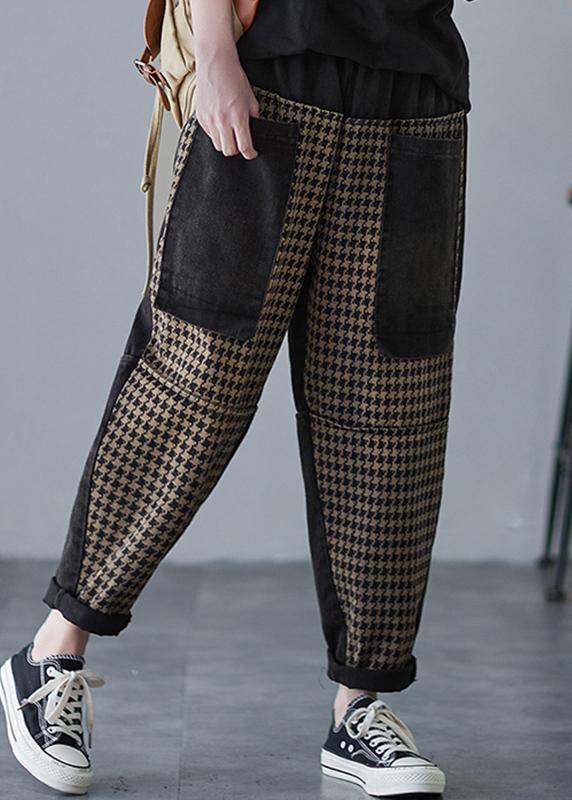 Vivid Plaid Trousers Plus Size Spring Patchwork Pockets Shape Wild Trousers - Omychic