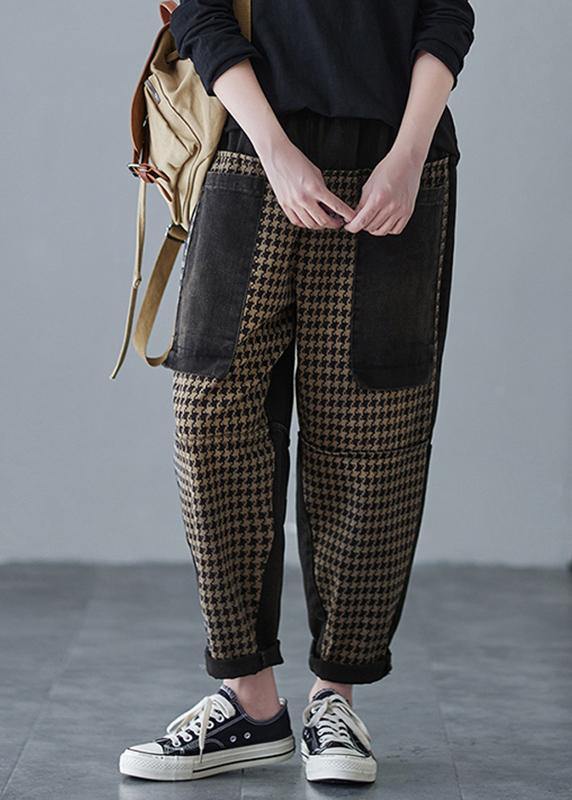 Vivid Plaid Trousers Plus Size Spring Patchwork Pockets Shape Wild Trousers - Omychic