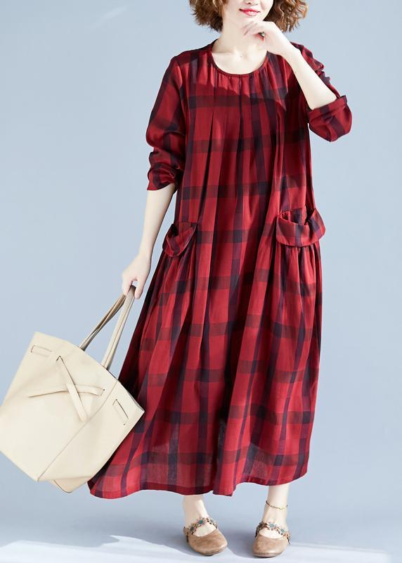 Vivid Red Plaid Tunics For Women O Neck Pockets Art Spring Dress - Omychic