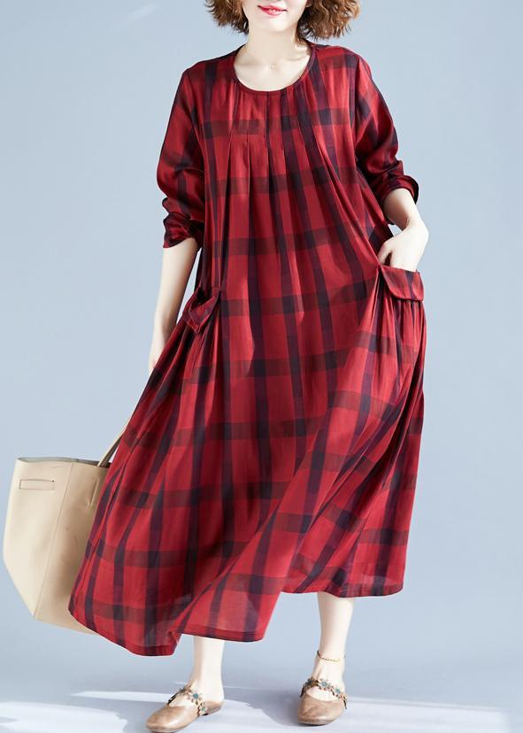 Vivid Red Plaid Tunics For Women O Neck Pockets Art Spring Dress - Omychic