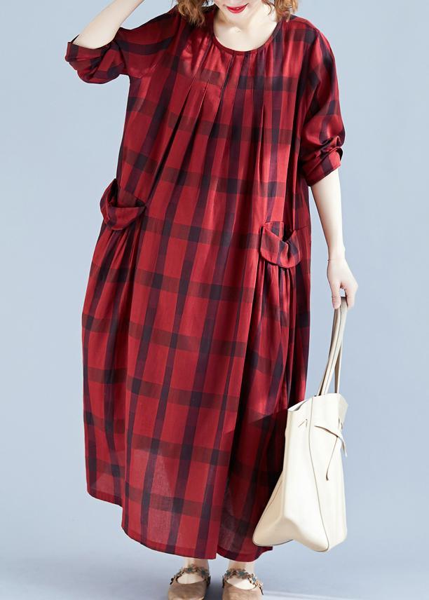 Vivid Red Plaid Tunics For Women O Neck Pockets Art Spring Dress - Omychic