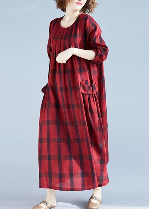 Vivid Red Plaid Tunics For Women O Neck Pockets Art Spring Dress - Omychic