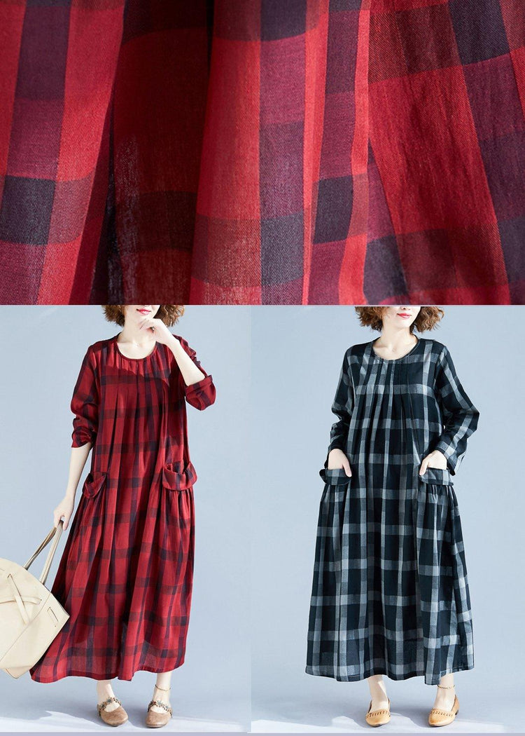 Vivid Red Plaid Tunics For Women O Neck Pockets Art Spring Dress - Omychic